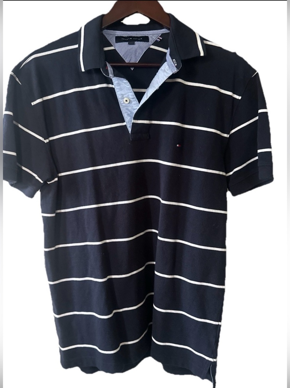Tommy Hilfiger Mens Striped Polo Shirt Navy Blue White EUC Sz Large Short Sleeve